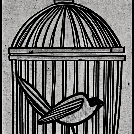 Prompt: cover art of a drawing of a bird in a cage, black and white