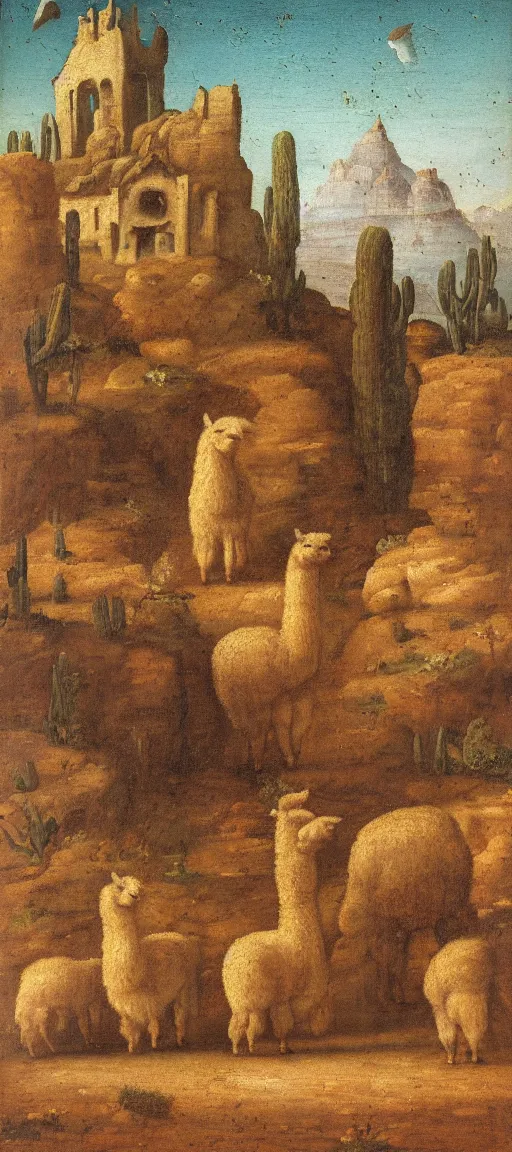 Prompt: detailed renaissance oil painting of an alpaca shaped building standing in the desert of pastel feathers lit by small fireflies at night