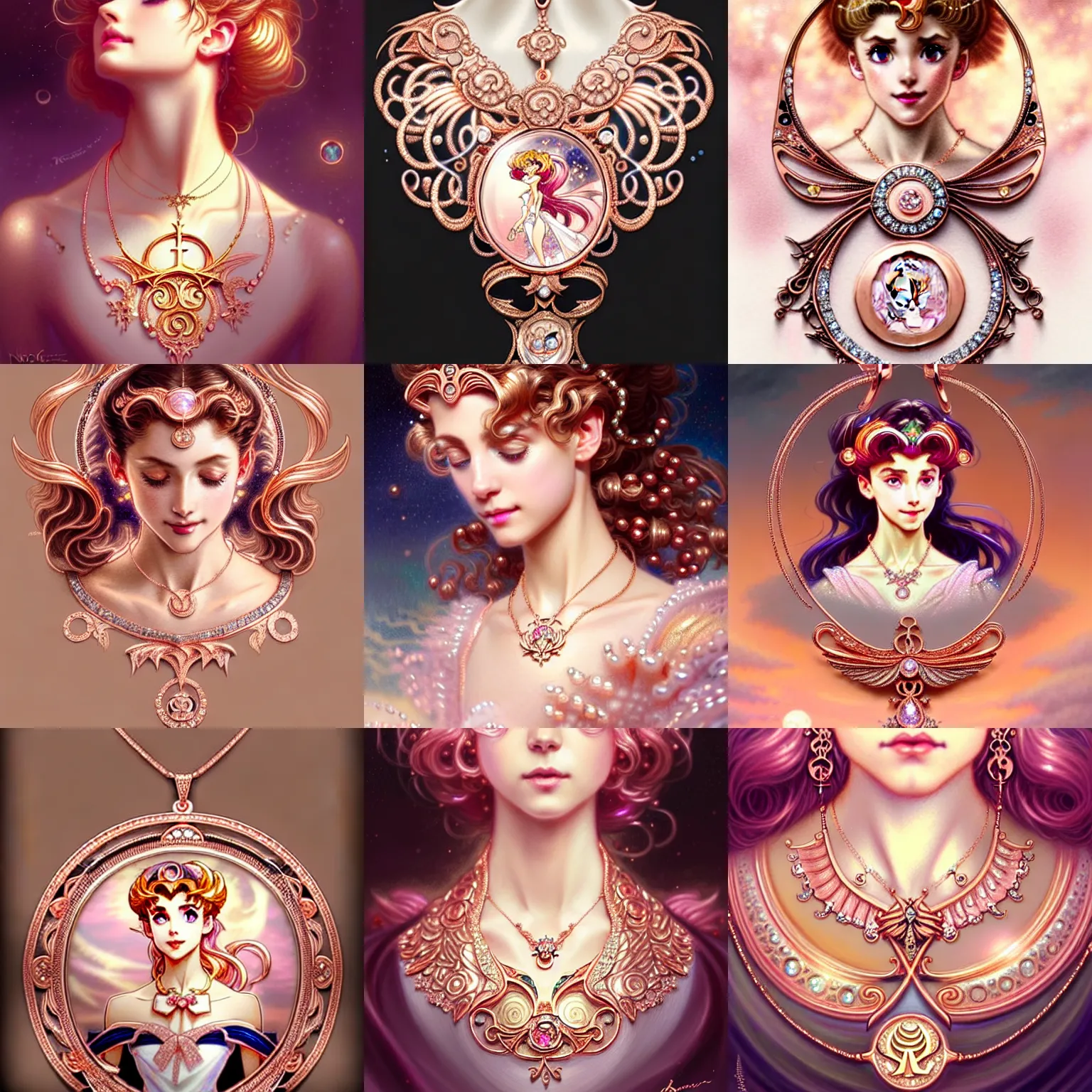 Prompt: a beautiful detailed necklace made of rose gold glowing in sparkles with heavenly notes Neo Rococo, highly detailed sailor moon aesthetic, fantasy, intricate, elegant, highly detailed, digital painting, artstation, concept art, matte, sharp focus, illustration, Maximalism Artgerm and Greg Rutkowski and Alphonse Mucha