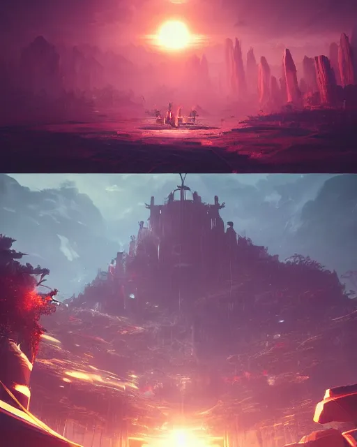 Image similar to beautiful landscape, nier automata, protoss!!, temple!!, machine planet, mothership in the sky, pink sun, tropical forest, colorful light, advanced technology, cinematic lighting, highly detailed, masterpiece, art by bastien grivet and darwin cellis and jan urschel