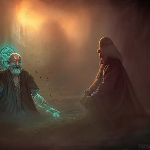 Prompt: a old necromancer resurrecting his fallen friend from dead, Grim fantasy, emotional, D&D, HDR, concept art, award winning photograph, 8k, Mucha style,