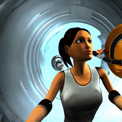 chell from portal eating a slice of cake valve portal | Stable Diffusion