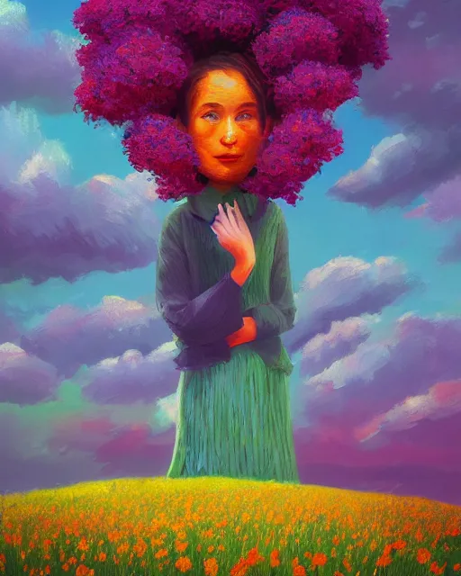 Image similar to girl with giant flower as a face and flower dress, standing in a flower field hills, big trees, sunrise dramatic light, impressionist painting, colorful clouds, digital painting, pointillism, artstation, simon stalenhag