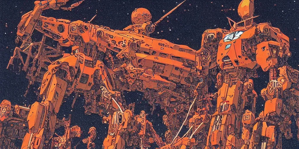 Image similar to risograph rendition of extremely - detailed white huge evangelion - like mech with a lot of orange tiny balls on it, children faces, ominous, intricate complexity, dramatic, epic composition, atmospheric, painting by moebius