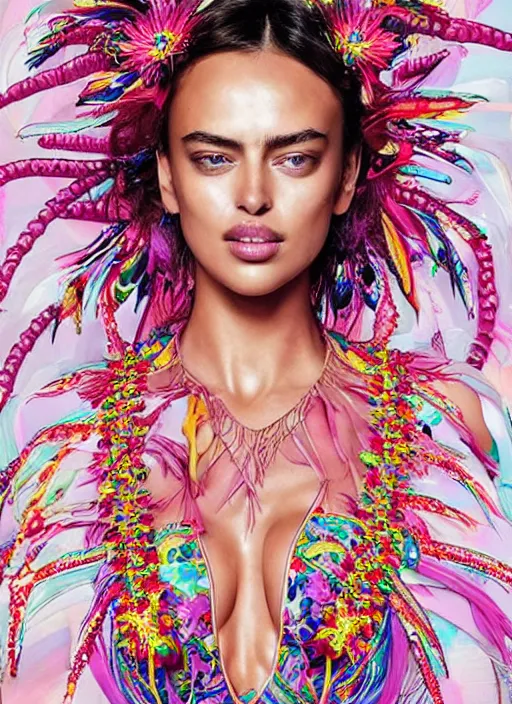 Prompt: beautiful portrait of Irina Shayk wearing fantastic bra and dress in the VICTORIA'S SECRET fashion show ,embellished beaded feather decorative fringe knots ,colorful pigtail,subtropical flowers and plants,perfect symmetrica body shape,symmetrical face,intricate,elegant,highly detailed,8k,post-processing,digital painting,trending on pinterest,harper's bazaar,concept art, sharp focus, illustration, by artgerm,Tom Bagshaw,Lawrence Alma-Tadema,greg rutkowski,golden ratio