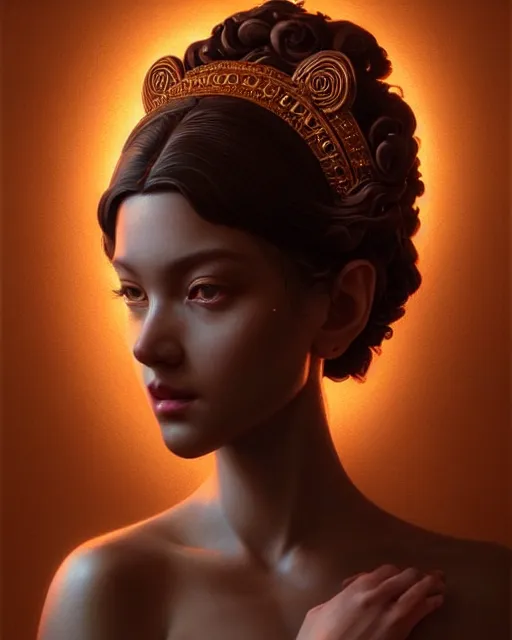 Prompt: gorgeous goddess of leo, cast shadow beauty portrait, chocolate. highly detailed, intricate background, digital painting by ilya kuvshinov, greg rutkowski, akihiko yoshida, thomas kinkade, victo ngai. unreal engine, blender, octane, ray tracing. luminous, sharp focus, masterpiece, post processing, deviantart