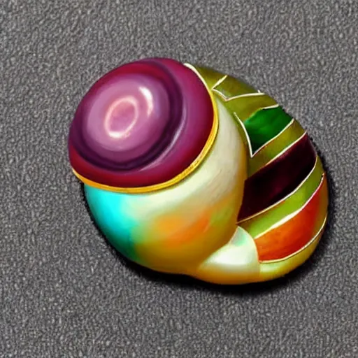 Prompt: A pokemon that looks like A Tangguan snail with multi-colored gemstones on the raised part of the shell.