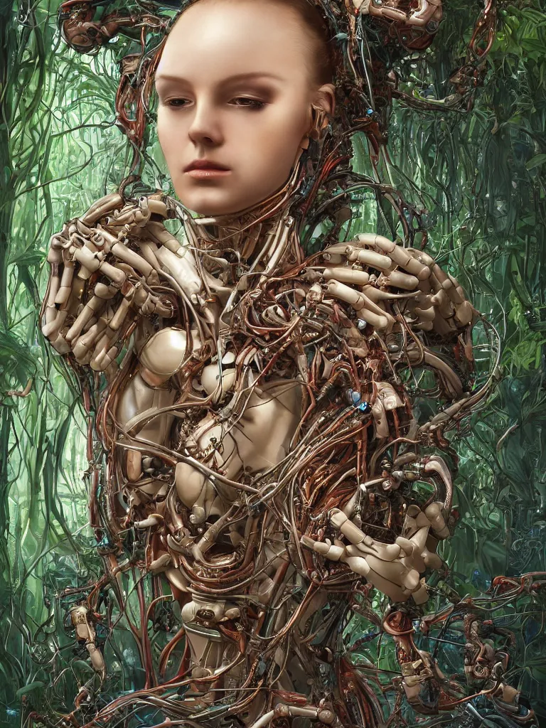 Image similar to portrait of a beautiful female android robot holding a realistic anatomical heart in her hands and crying, there are wires coming from her heart, tangled and entwined with her long flowing hair, mecha, biopunk, white xenomorph, bones, surrounded by tropical plants, painting by James C. Christensen, by Dan Witz, by tomasz alen kopera