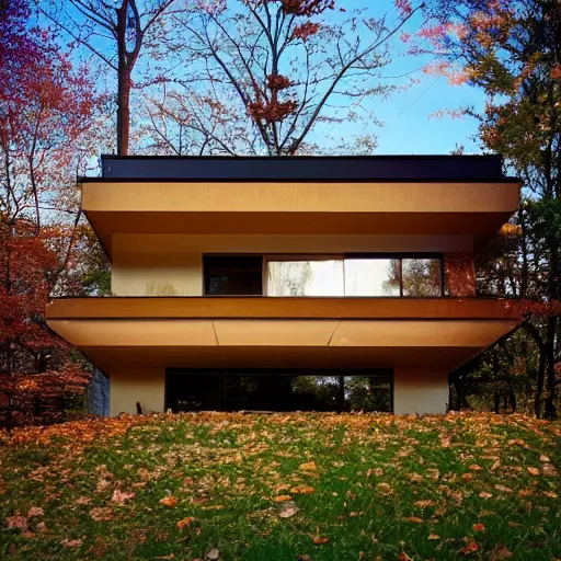 Image similar to “an American house design as a hybrid Usonian and brutalist style. During autumn. Real estate photography”