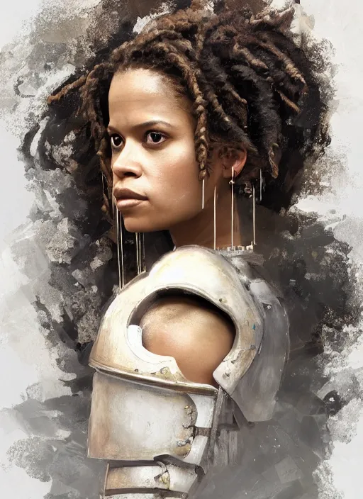 Image similar to portrait of gugu mbatha - raw as a legendary knight warrior, au naturel, hyper detailed, digital art, trending in artstation, cinematic lighting, studio quality, smooth render, unreal engine 5 rendered, octane rendered, art style by klimt and nixeu and ian sprigger and wlop and krenz cushart.