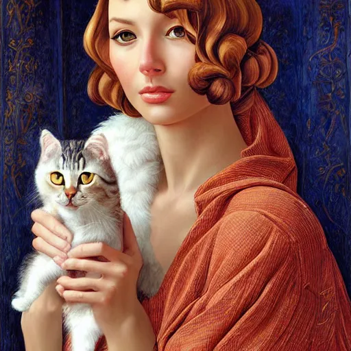 Prompt: cat dreamy, romantic, painting in the museum, highly detailed, sharp focus, digital painting, artwork, by Victor Adame Minguez by Yuumei by Tom Lovell by Sandro Botticelli