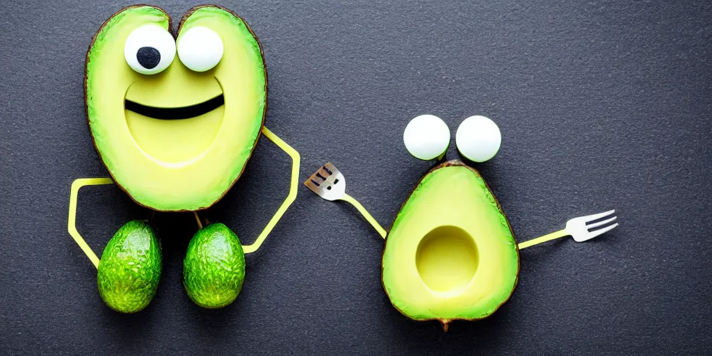 Image similar to cute smiling avocado robot with cute eyes and forks instead of arms