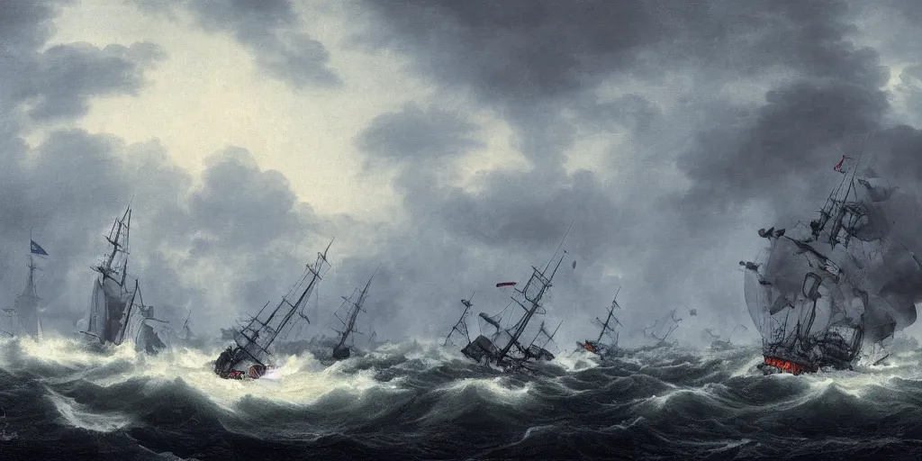 Image similar to a man-o'-war warship sailing through a heavy storm at night, art, high definition, high detail, 8k,