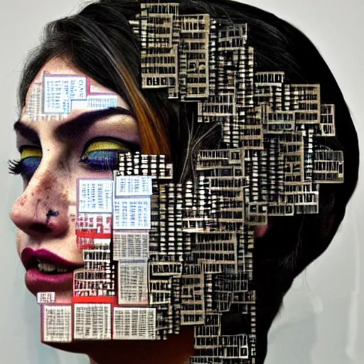 Image similar to A womans face made out of rendering glitches and Microsoft Windows error alerts, by Sandra Chevrier.