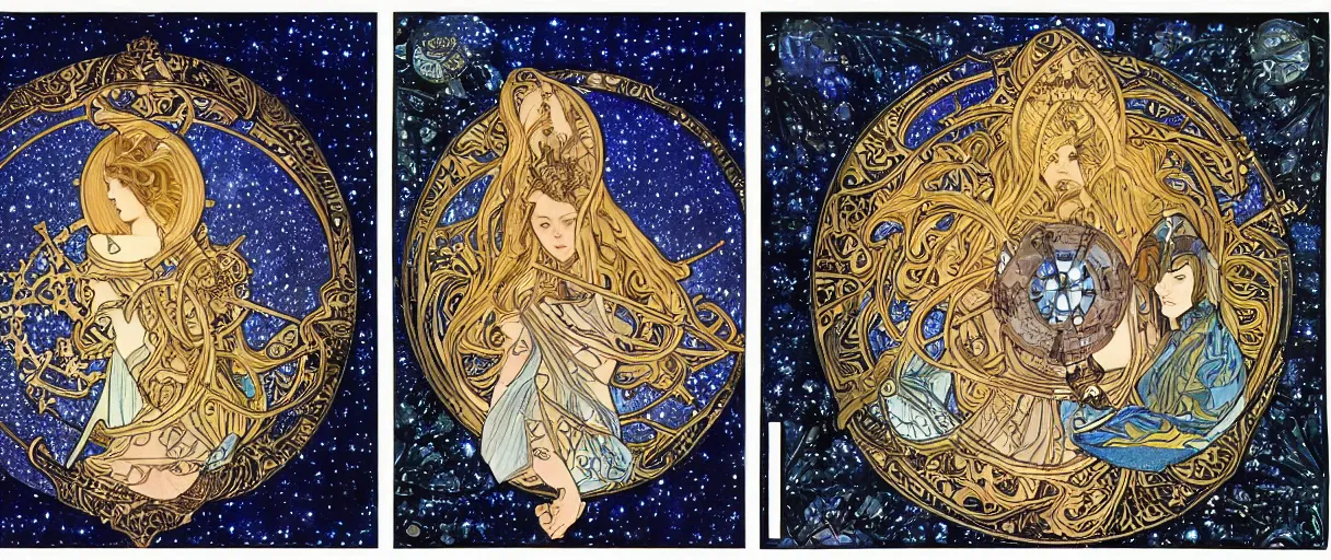 Prompt: the longest night, cloaked dark winter night, astronomical star constellations and watch gears, traditional moon and candle and tattoo, maiden and fool and crone, ultramarine blue and gold, intricate stained glass, awardwinning art by sana takeda and alphonse mucha and michael garfield