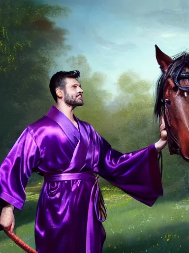 Image similar to a handsome man weaing a purple silk robe, happy and disarmed, laurels of glory, returns to home triunphantly mounted in a horse. full of pride. victorirous. prideful.. intricate, elegant, highly detailed, digital painting, artstation, concept art, sharp focus, illustration, by justin gerard and artgerm, 8 k