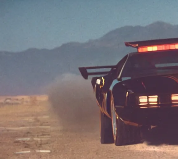 Prompt: a close - up, color cinema film still of knight rider kitt leaping over a jump, action cinematic.