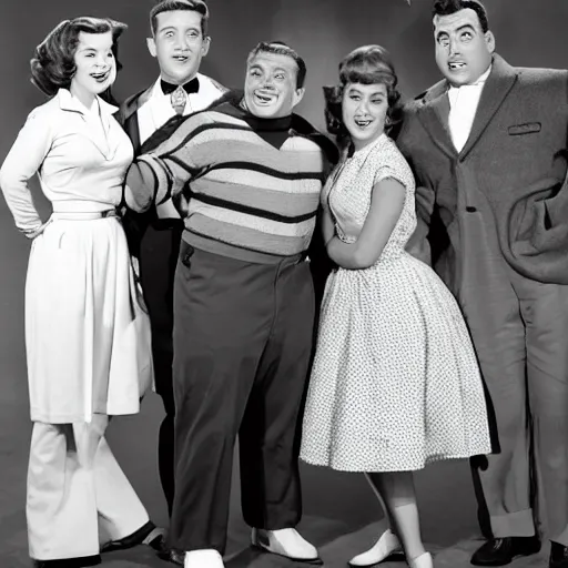 Image similar to 5 0 s family sitcom about giant tardigrades wearing clothes. no actual humans are on the show