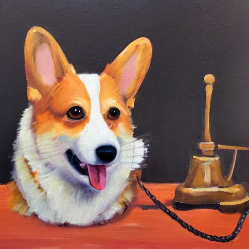 Prompt: expressive oil painting of corgi dog with a old telephone line calling