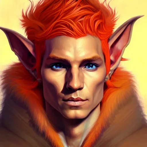 Image similar to portrait painting of an elven eladrin young man with short light orange hair and tribal tattoos in his cheekbones wearing fur armor, d & d, rpg, sharp focus, award - winning, trending on artstation, masterpiece, highly detailed, intricate. art by josan gonzales and moebius and deathburger