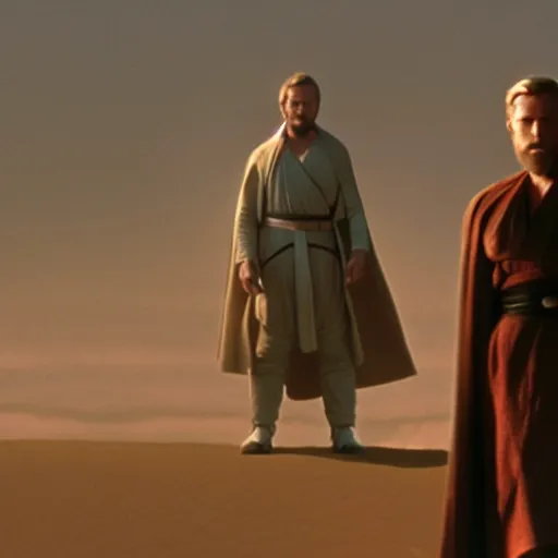 Image similar to ryan gosling as Obi-Wan kenobi standing on mustafar star wars revenge of the sith movie still medium shot 65mm