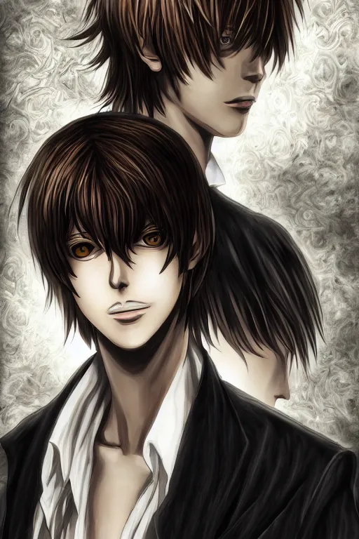 Image similar to light yagami, god of the new world, highly detailed, digital art, sharp focus, trending on art station, death note