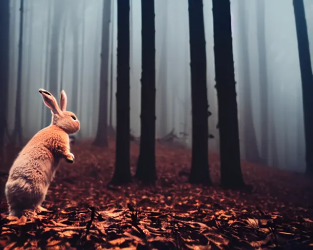 Image similar to a lomography photo of rumble between two human with rabbit head in foggy forest this morning, bokeh,