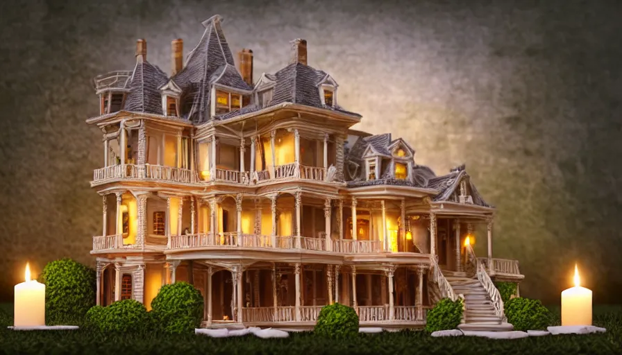 Prompt: photorealistic claymation art of a victorian house on top of a floating island, elegant, candle lighting, extremely detailed, realistic, art galery