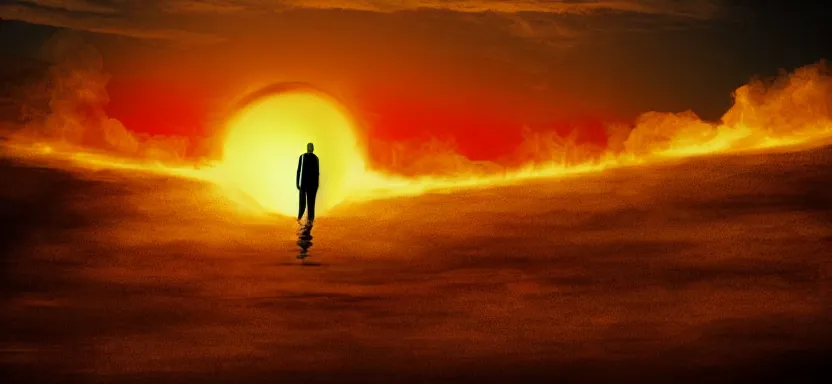 Image similar to silhouette of a man floating in front of a burning sun, digital art, extreme detail