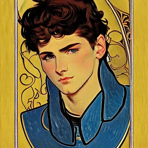 Prompt: portrait painting of young adult handsome human knight with short messy pompadour dark brown hair and blue eyes and strong jawline and small scar! under one eye named vidar, wearing armor!!, modest, masculine jawline!, squarish face shape, slightly round chin, art by alphonse mucha, vincent van gogh, egon schiele