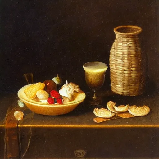 Prompt: Still life with nutritious breakfast, oil painting, dutch masters, hanging in the louvre