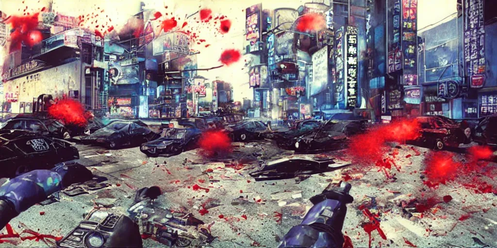 Image similar to 1991 Video Game Screenshot, Anime Neo-tokyo Cyborg bank robbers vs police, bags of money, Multiplayer set-piece, Police officers hit by bullets, Bullet Holes and Blood Splatter, Hostages, Smoke Grenades, Large Caliber Sniper Fire, Chaos, Cyberpunk, Money, Anime Bullet VFX, Machine Gun Fire, Violent Gun Action, Shootout, Highly Detailed, 8k :4 by Katsuhiro Otomo + Studio Gainax : 8