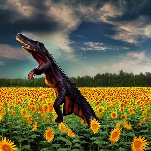 Prompt: Tyrannosaurus rex giving a high five to a caveman in a field of sunflowers, realistic, photograph, monochrome, Ansel Adams, HD