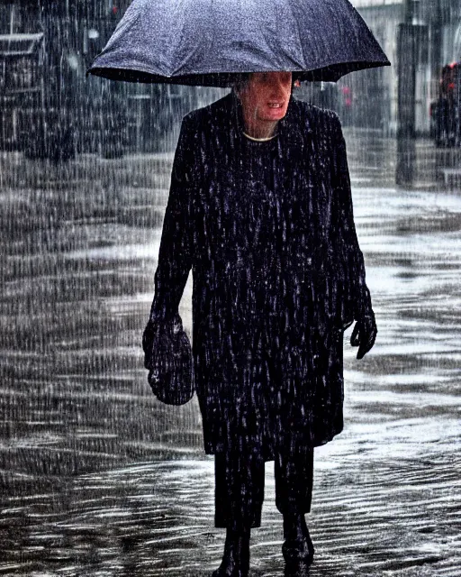 Prompt: margaret thatcher in torrential rainstorm on london street, full body, atmospheric moody hyper realistic award winning color cinematic still 8 k