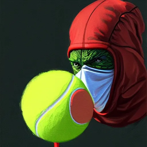 Prompt: a tennis ball monster with a tennis racquet, bust shot, balaclava, face covered, smooth, intricate, elegant, power aura, digital painting, artstation, concept art, sharp focus, illustration, art by basil gogos - h 6 4 0