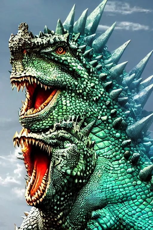 Image similar to Godzilla, kaiju, sea creature, crocodile, iguana, dragon, spikes, sharp teeth, scary look, angry