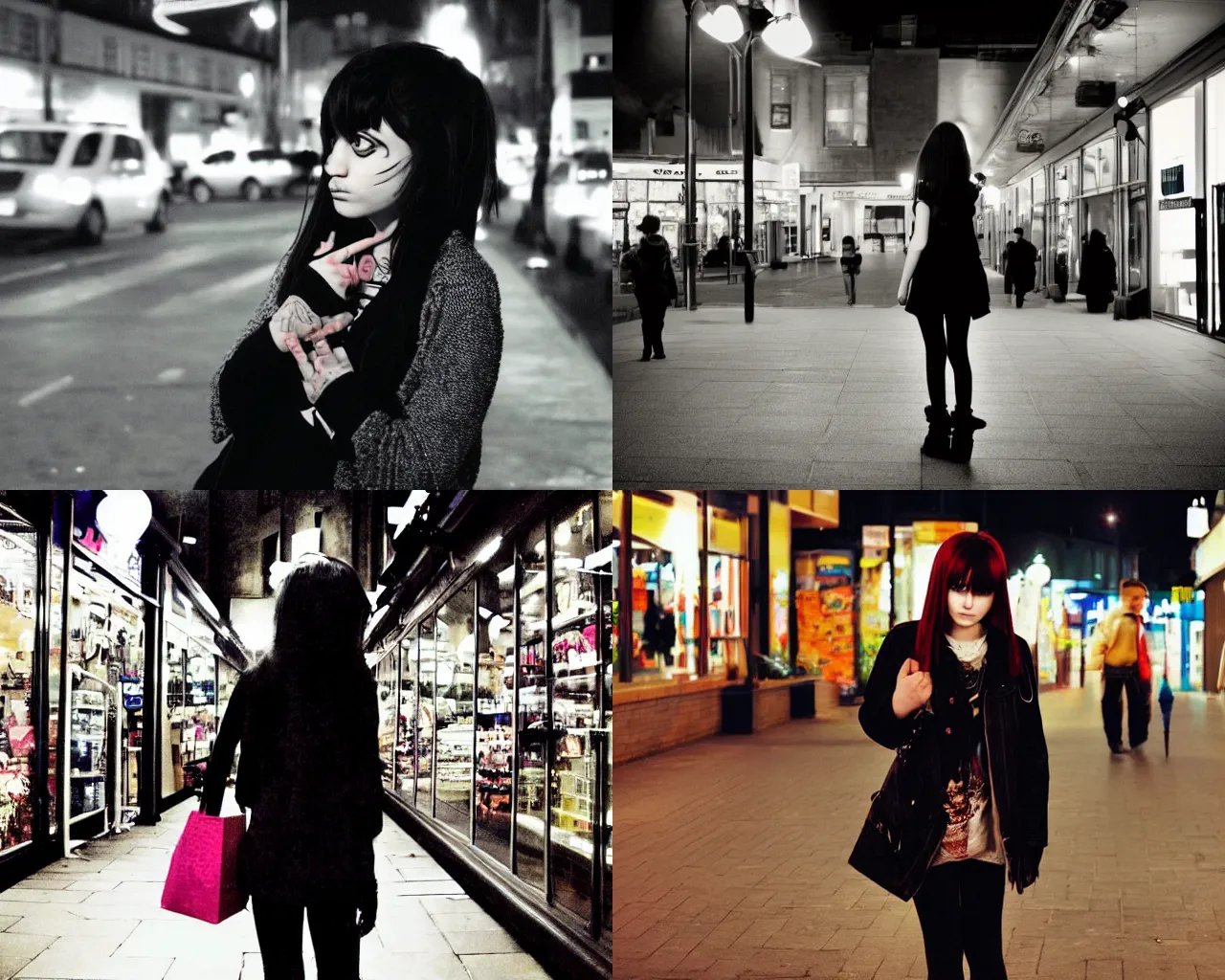 Prompt: an emo girl at a british shopping precinct at night, 2006, amateur, colour