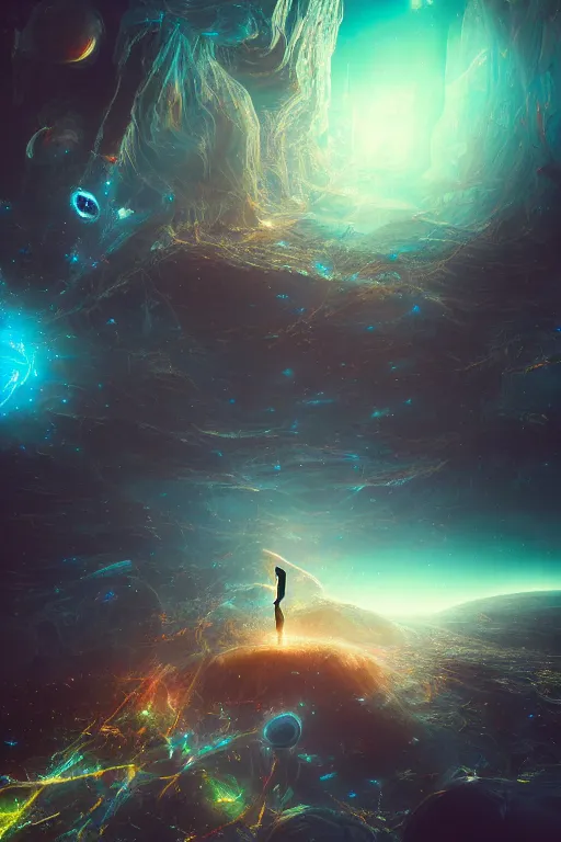 Image similar to letting go of reality and experiencing the quantum feild, matte painting comic book art, cinematic, highly detailed, realistic, beautiful cosmic neural network, octane render, unreal engine, depth of field, trending on artstation, sharp focus, improbable splashes of colors