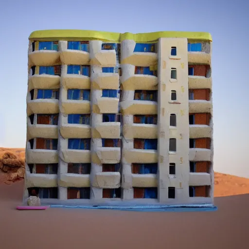 Image similar to big scale baby toy hotel in the dessert, modernism