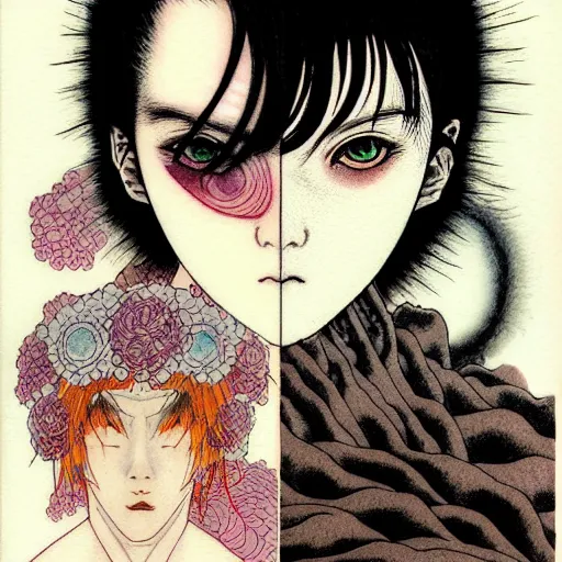 Image similar to prompt: Fragile looking character soft light portrait face drawn by Takato Yamamoto and Katsuhiro Otomo, tattooed face, inspired by Akira 1988 anime, alchemical objects on the side, soft light, intricate detail, intricate gouache painting detail, sharp high detail, manga and anime 2010