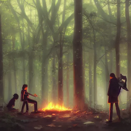 Image similar to emo band playing music performing in the woods, hyperrealistic, trending on pixiv fanbox, painted by greg rutkowski makoto shinkai takashi takeuchi studio ghibli, akihiko yoshida