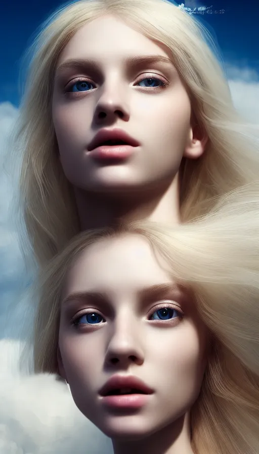 Prompt: photo of purity, a gorgeous blonde young girl , searching for eternity, head in the clouds in the style of stefan kostic, realistic, sharp focus, 8k high definition, high fashion, vogue, insanely detailed, soft light, colorful smoke, intricate, elegant, art by stanley lau and artgerm, sigma 85mm art