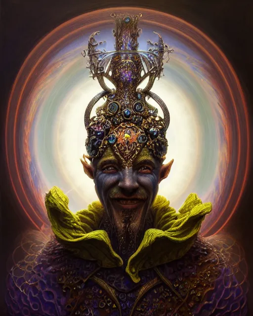 Image similar to front shot of a court jester character, hyperdimensional, bioluminescent ethereal, ((intricate)), elegant, highly detailed, centered, (((artstation, concept art, smooth, sharp focus, artgerm, Tomasz Alen Kopera, Peter Mohrbacher, donato giancola, Joseph Christian Leyendecker, WLOP, Boris Vallejo))), mugshot!!!!!, ugly!!!!!!, octane render, nvidia raytracing demo, grainy, muted