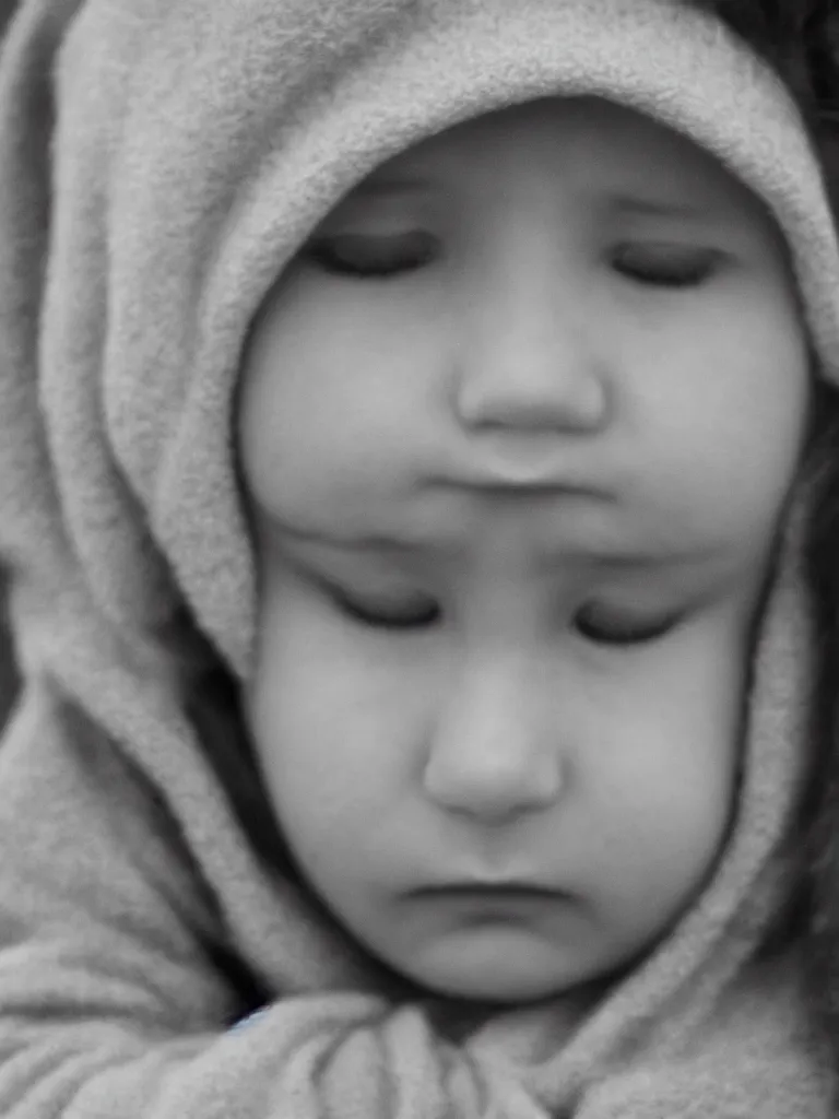 Prompt: High resolution black and white portrait with a 35 mm F/5.0 lens of a child in Soviet Russia with closed eyes and a sad face about to cry.