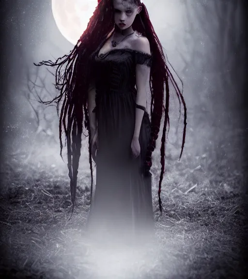 Prompt: a beautiful octane render of a daughter of the night with red eyes and long, black, braided hair. nighttime, fullmoon, low light. strong keylight. vampiric, highly detailed, sharpness. victorian dress. canon eos ef 5 0 mm. trending on artstation. filmic.