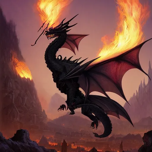 Image similar to an ornately decorated evil black dragon setting an ancient fantast city on fire in the desert, art by artgerm and greg rutkowski and magali villeneuve and alphonse mucha and rossdraws and makoto shinkai, d & d, fantasy, highly detailed, digital painting, trending on artstation, concept art, sharp focus, illustration