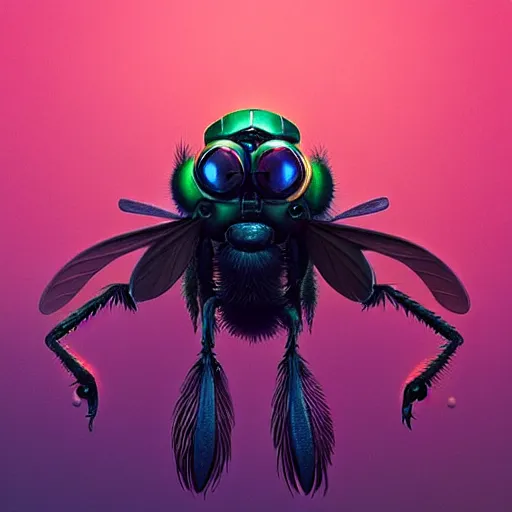 Prompt: slightly resembles a fly. It has a sharp toothed mouth, fluff covered skin and light wings:: by beeple and James Gilleard and Justin Gerard :: ornate, dynamic, particulate, intricate, elegant, highly detailed, centered, artstation, smooth, sharp focus, octane render, 3d