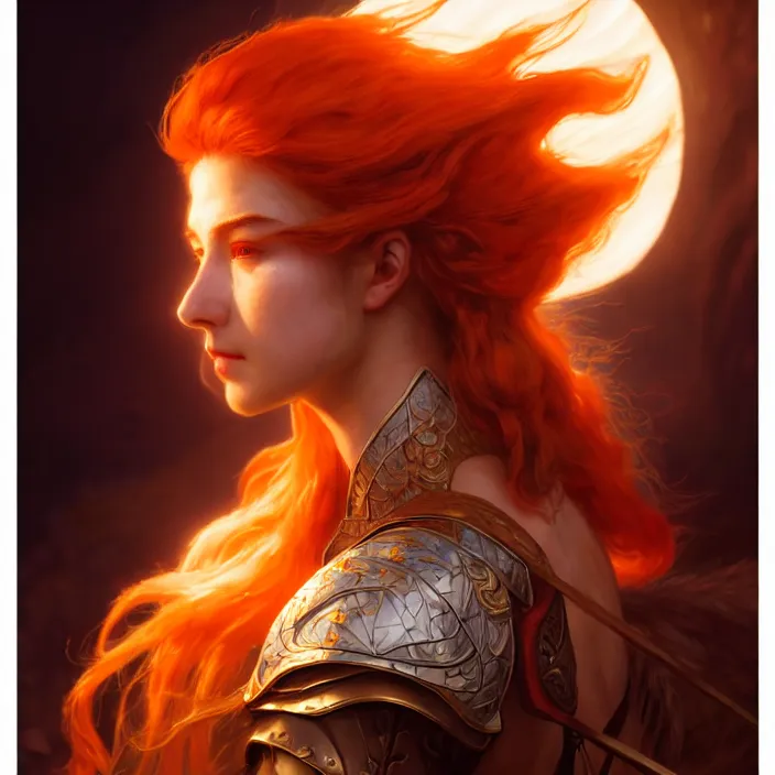 Image similar to head and shoulders portrait of a d & d ranger with her porcelain armor, chinese kangxi orange and white, volumetric lighting, fantasy, intricate, elegant, lifelike, photorealistic, artstation, concept art, sharp focus, by john collier and albert aublet and krenz cushart and artem demura and alphonse mucha