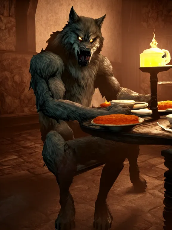 Image similar to cute handsome cuddly burly surly relaxed calm timid werewolf from van helsing sitting down at the breakfast table in the kitchen of a normal suburban home staring longingly at a delicious cupcake with orange frosting unreal engine hyperreallistic render 8k character concept art masterpiece screenshot from the video game the Elder Scrolls V: Skyrim