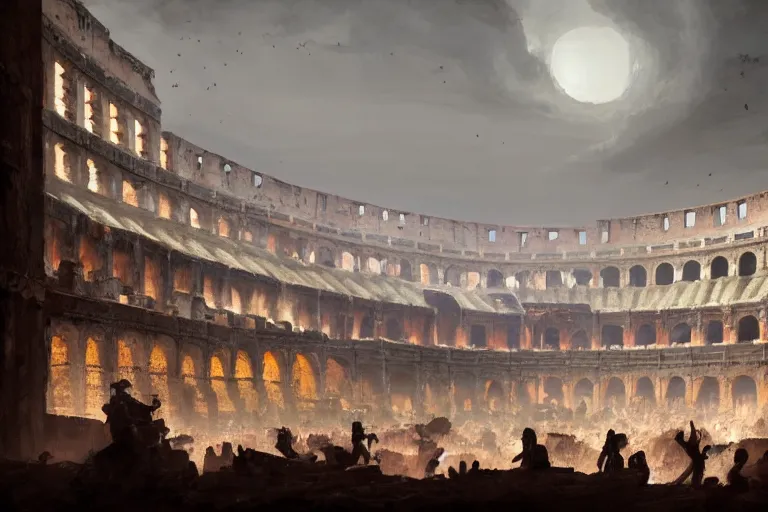 Image similar to Colosseum interior in the 1700s with two fighters in the middle and crowds cheering in yemen by greg rutkowski and Craig Mullins, Dark atmospheric sad and cinematic lighting, Trending on artstation